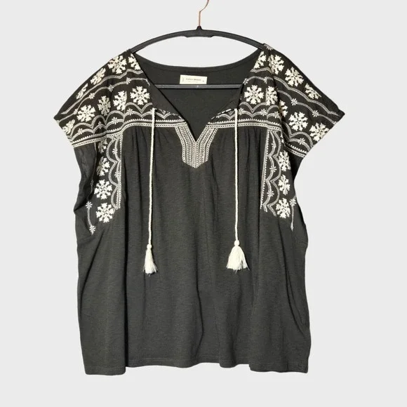 Lucky Brand Embroidered Boho Peasant Blouse Dark Gray XL Festival Summer NWT - Picture 4 of 11